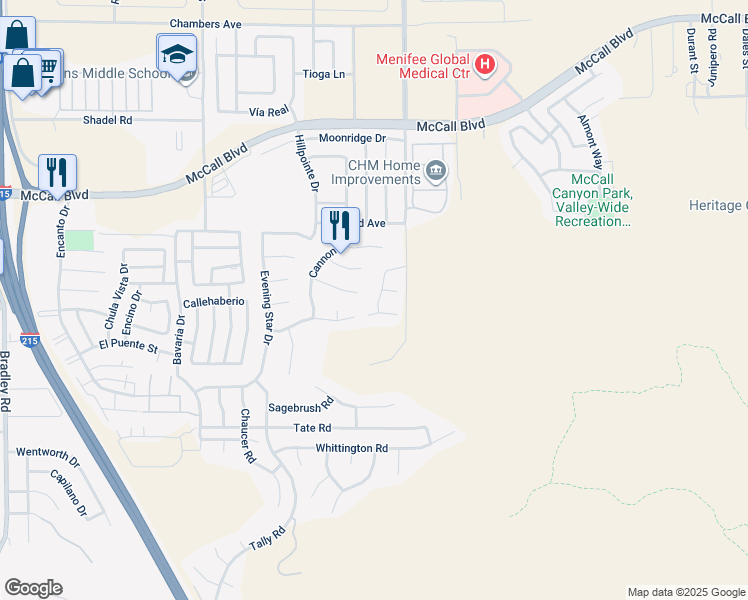 map of restaurants, bars, coffee shops, grocery stores, and more near 28195 Juniper Tree Lane in Menifee