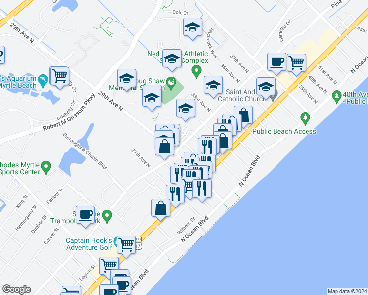map of restaurants, bars, coffee shops, grocery stores, and more near 521 30th Avenue North in Myrtle Beach