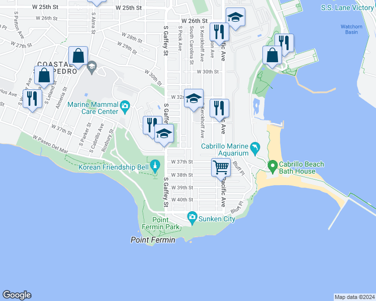 map of restaurants, bars, coffee shops, grocery stores, and more near 3605 South Carolina Street in Los Angeles