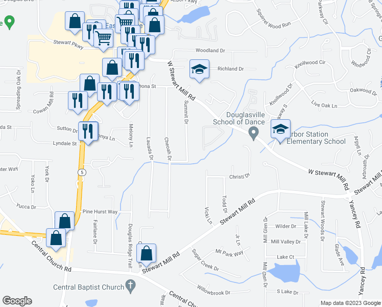 map of restaurants, bars, coffee shops, grocery stores, and more near 3961 Summit Drive in Douglasville