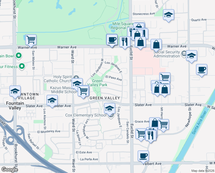 map of restaurants, bars, coffee shops, grocery stores, and more near 10763 El Centro Avenue in Fountain Valley