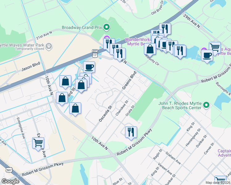 map of restaurants, bars, coffee shops, grocery stores, and more near 1308 Osceola Street in Myrtle Beach