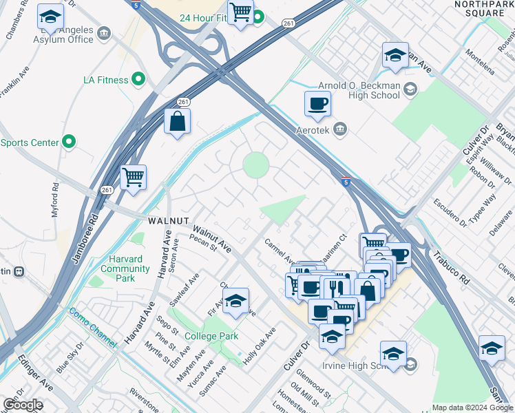 map of restaurants, bars, coffee shops, grocery stores, and more near 2 Washington in Irvine