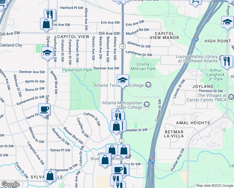 map of restaurants, bars, coffee shops, grocery stores, and more near 1598 Athens Avenue Southwest in Atlanta