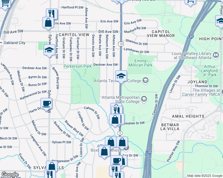 map of restaurants, bars, coffee shops, grocery stores, and more near 1612 Belmont Avenue Southwest in Atlanta