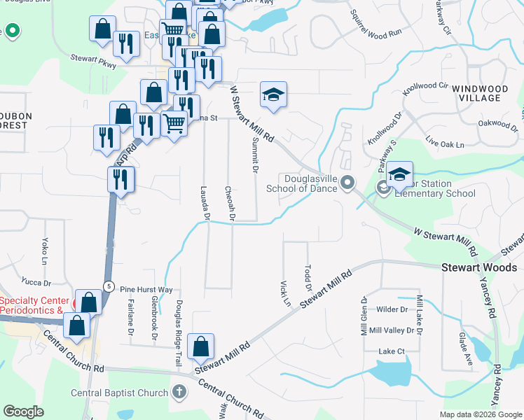 map of restaurants, bars, coffee shops, grocery stores, and more near 3961 Summit Drive in Douglasville