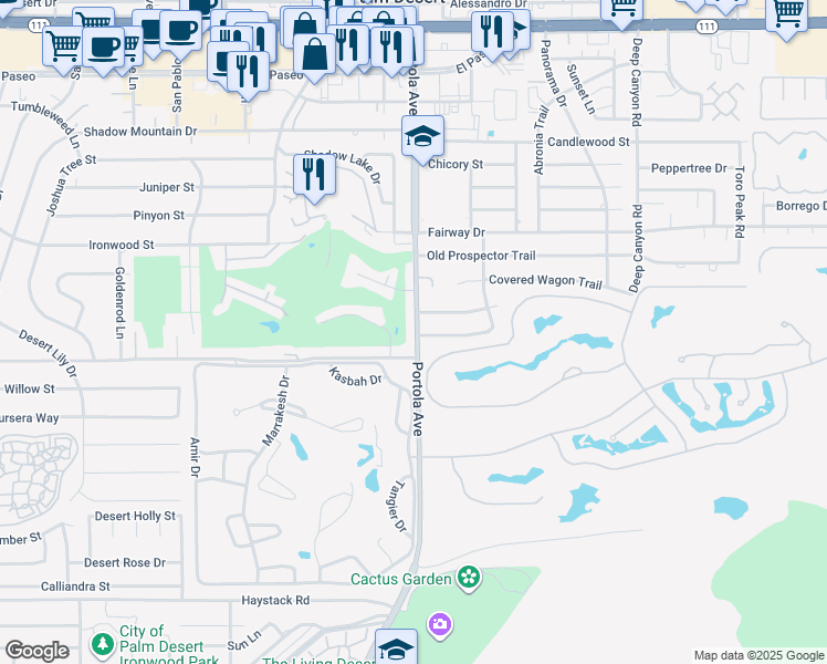 map of restaurants, bars, coffee shops, grocery stores, and more near 73950 Grapevine Street in Palm Desert