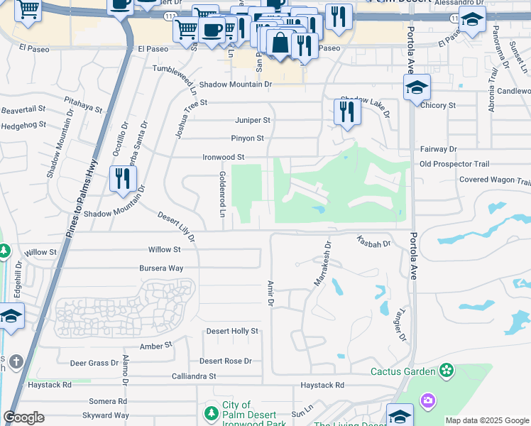 map of restaurants, bars, coffee shops, grocery stores, and more near 46445 Burroweed Lane in Palm Desert