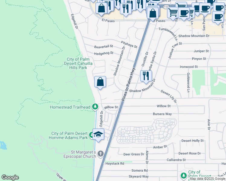 map of restaurants, bars, coffee shops, grocery stores, and more near 72755 Cactus Court in Palm Desert