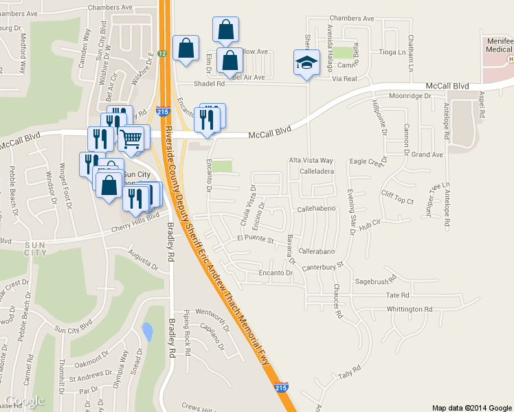 map of restaurants, bars, coffee shops, grocery stores, and more near 28203 Encino Drive in Menifee