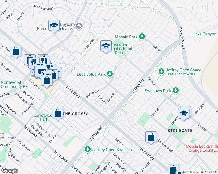 map of restaurants, bars, coffee shops, grocery stores, and more near 129 Sugar Cane in Irvine