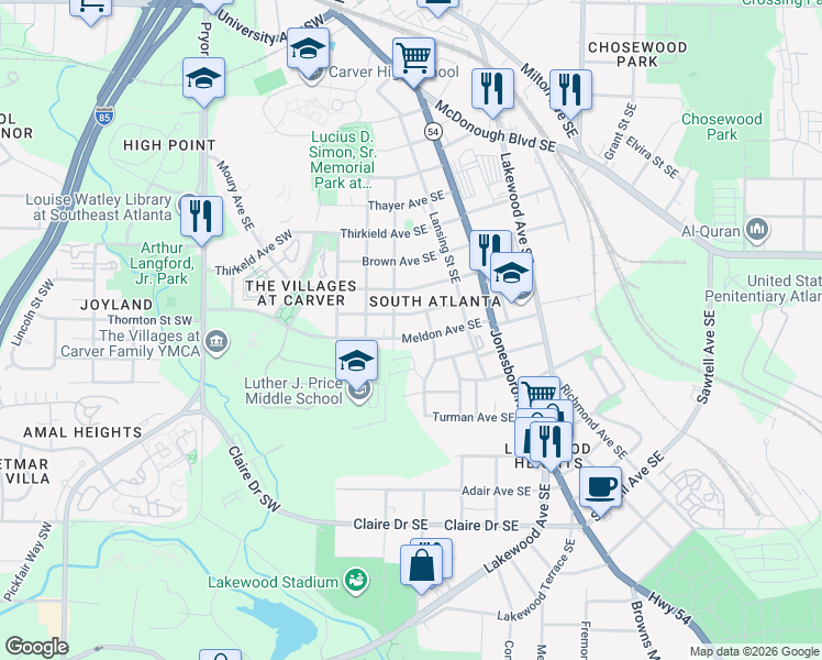 map of restaurants, bars, coffee shops, grocery stores, and more near 60 Meldon Avenue Southeast in Atlanta