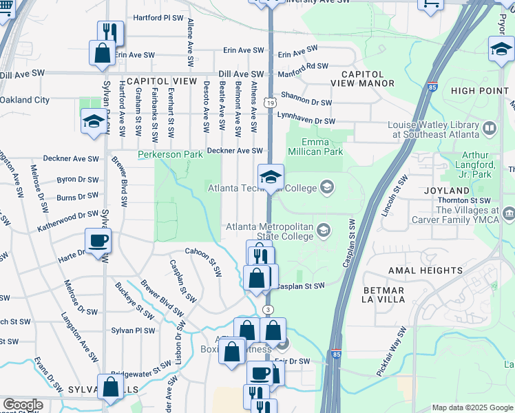 map of restaurants, bars, coffee shops, grocery stores, and more near 1598 Athens Avenue Southwest in Atlanta