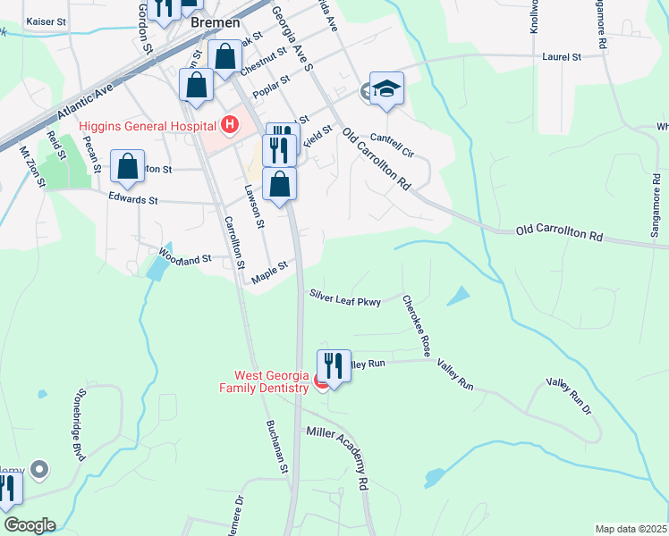 map of restaurants, bars, coffee shops, grocery stores, and more near 416 Silver Leaf Court in Bremen