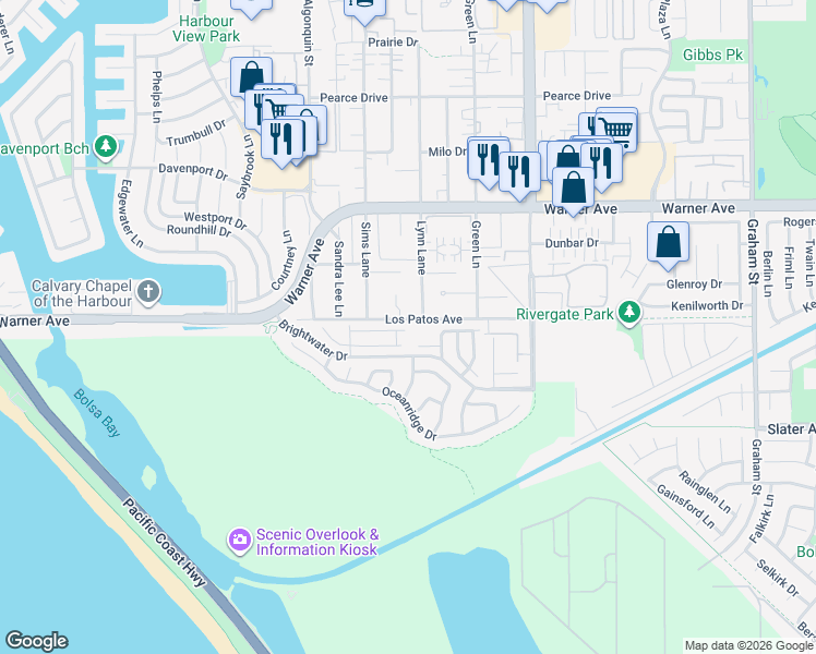 map of restaurants, bars, coffee shops, grocery stores, and more near 4711 Winthrop Drive in Huntington Beach