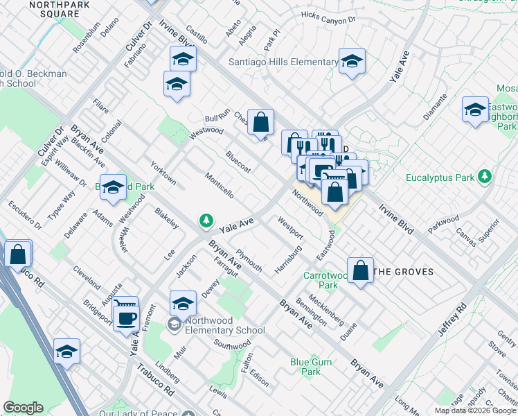 map of restaurants, bars, coffee shops, grocery stores, and more near 4 East Trenton in Irvine