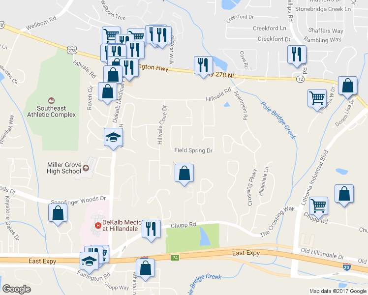 map of restaurants, bars, coffee shops, grocery stores, and more near 2673 Field Spring Drive in Lithonia