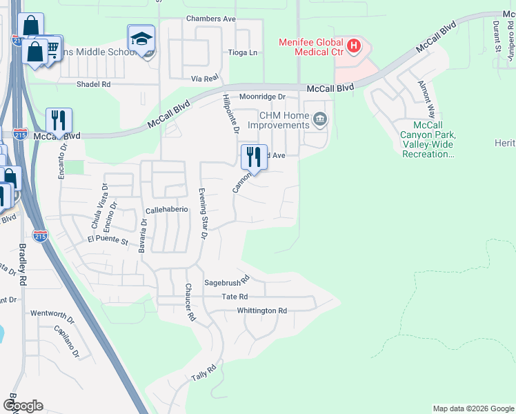 map of restaurants, bars, coffee shops, grocery stores, and more near 27865 Cliff Top Court in Menifee