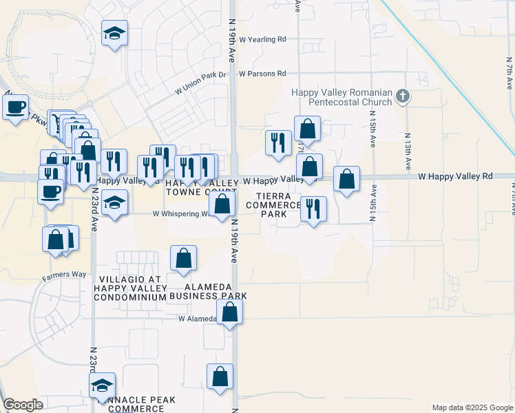 map of restaurants, bars, coffee shops, grocery stores, and more near 1687-1817 West Hatfield Road in Phoenix