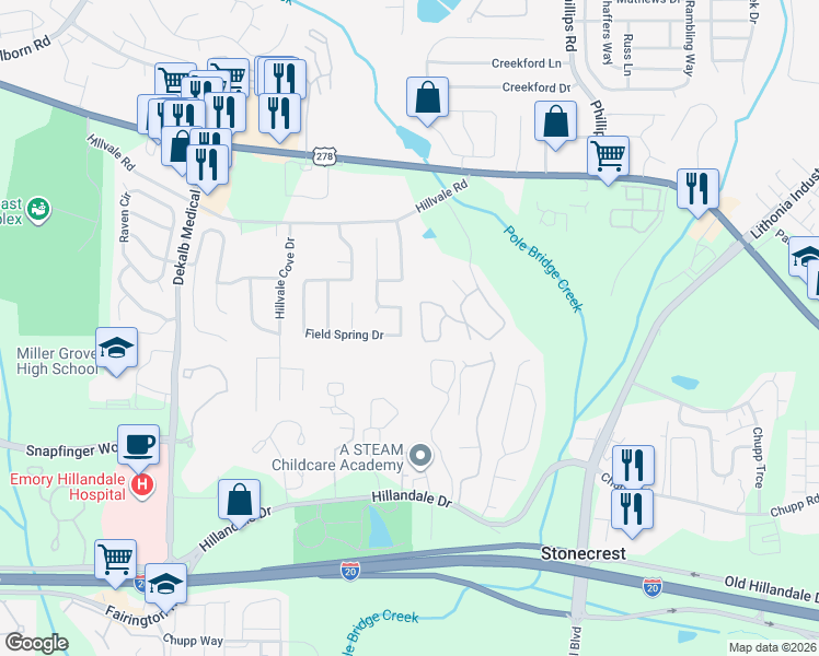 map of restaurants, bars, coffee shops, grocery stores, and more near 2592 Field Spring Drive in Lithonia