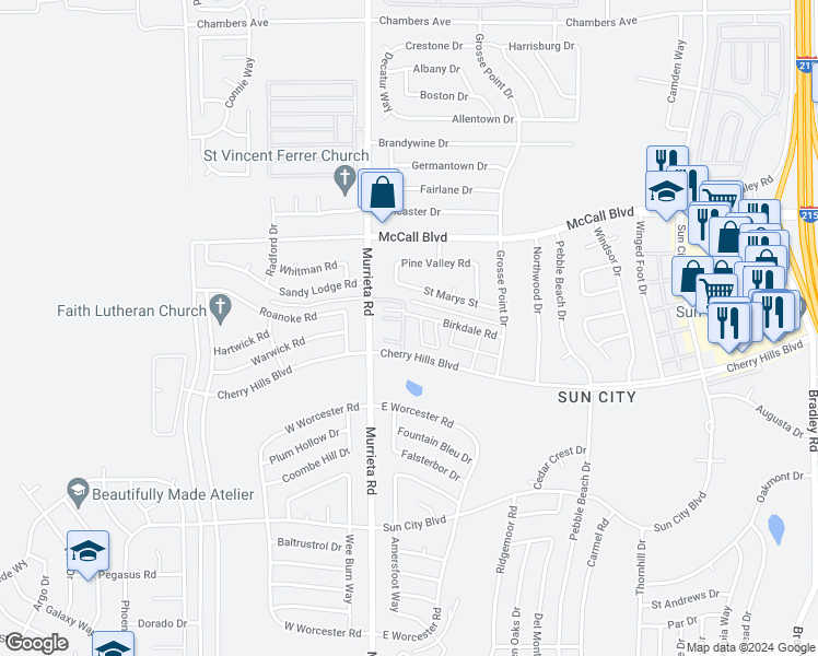 map of restaurants, bars, coffee shops, grocery stores, and more near 28202 Buena Mesa Drive in Menifee