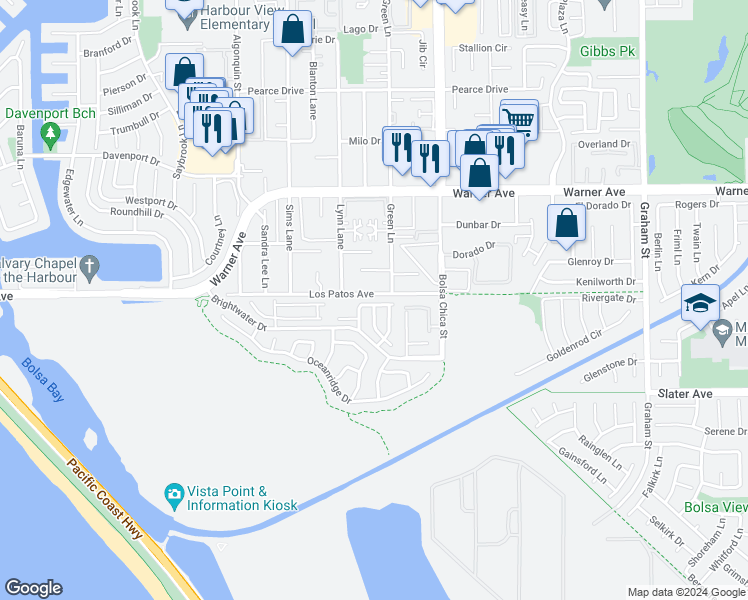 map of restaurants, bars, coffee shops, grocery stores, and more near 4831 Coveview Drive in Huntington Beach