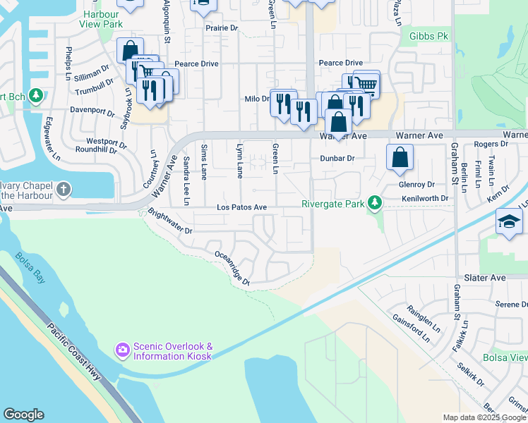 map of restaurants, bars, coffee shops, grocery stores, and more near 4831 Coveview Drive in Huntington Beach