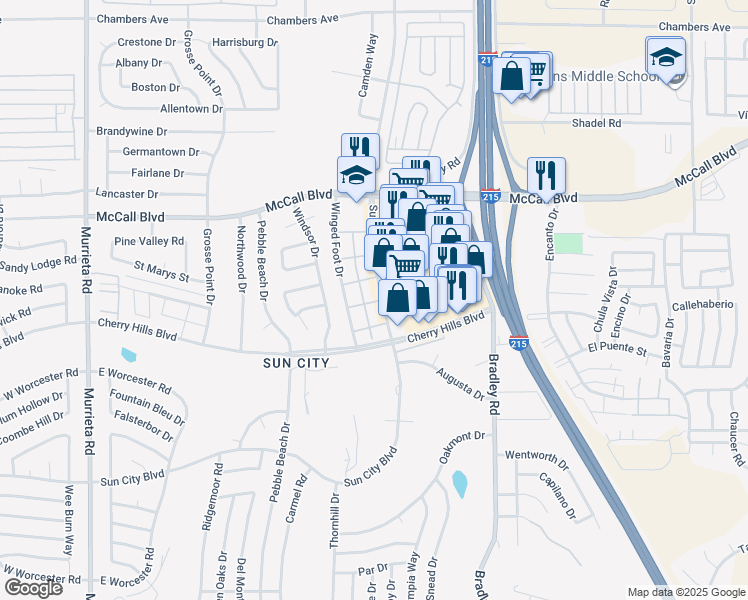 map of restaurants, bars, coffee shops, grocery stores, and more near 27127 Sun City Boulevard in Menifee