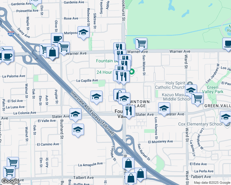 map of restaurants, bars, coffee shops, grocery stores, and more near 17333 Brookhurst Street in Fountain Valley