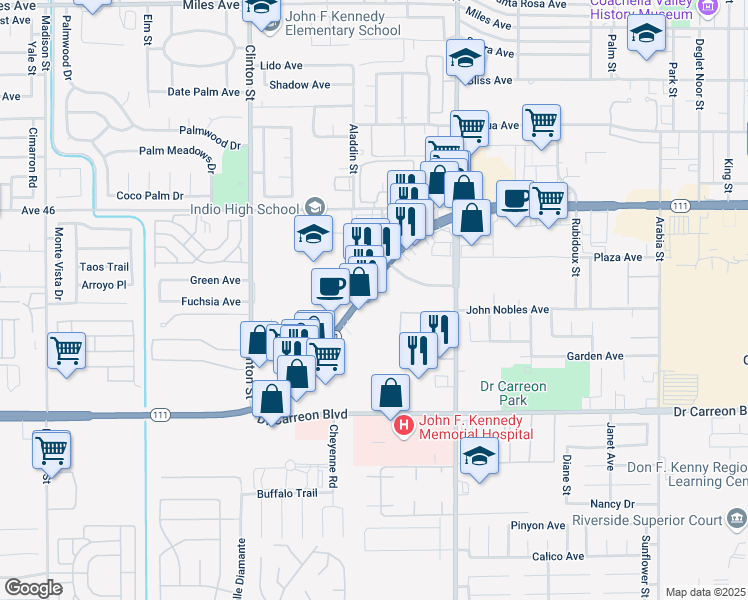 map of restaurants, bars, coffee shops, grocery stores, and more near 81875 Las Palmas Road in Indio