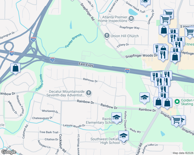map of restaurants, bars, coffee shops, grocery stores, and more near 2607 Cloud Court in Decatur