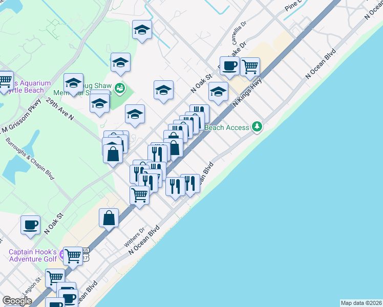 map of restaurants, bars, coffee shops, grocery stores, and more near 411 33rd Avenue North in Myrtle Beach