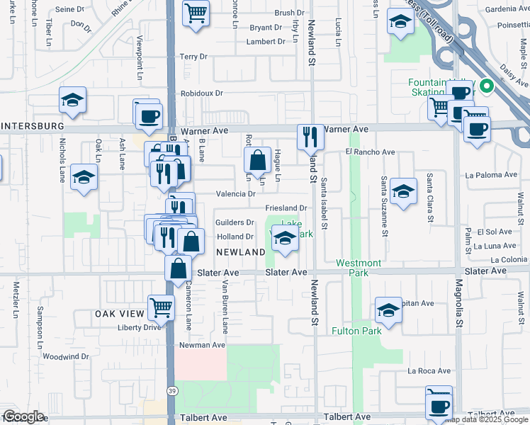map of restaurants, bars, coffee shops, grocery stores, and more near 8312 Friesland Drive in Huntington Beach