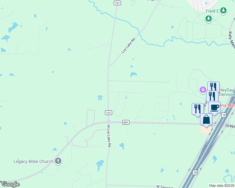 map of restaurants, bars, coffee shops, grocery stores, and more near 112 River Hills Drive in Denison