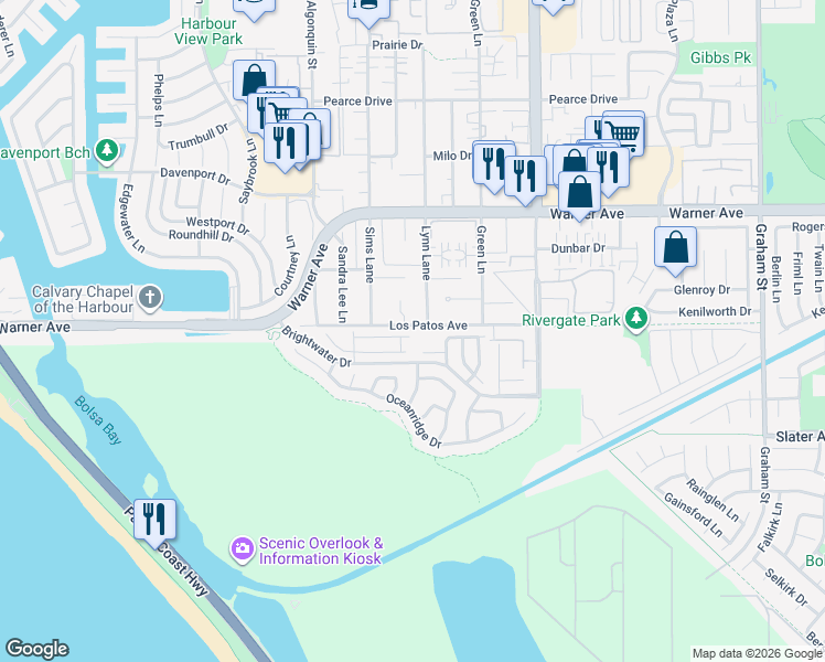 map of restaurants, bars, coffee shops, grocery stores, and more near 4711 Winthrop Drive in Huntington Beach