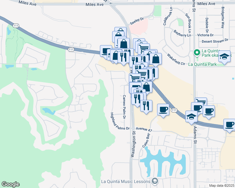map of restaurants, bars, coffee shops, grocery stores, and more near 7845 Cameo Dunes Place in La Quinta