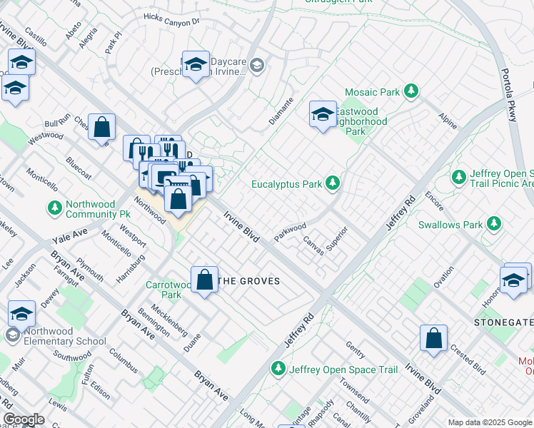 map of restaurants, bars, coffee shops, grocery stores, and more near 125 Gulfstream in Irvine