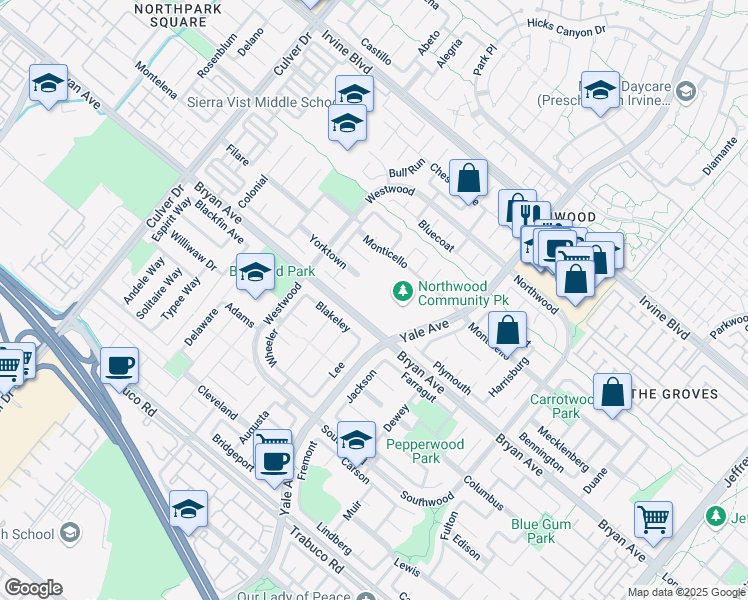 map of restaurants, bars, coffee shops, grocery stores, and more near 4567-4599 Bryan Avenue in Irvine