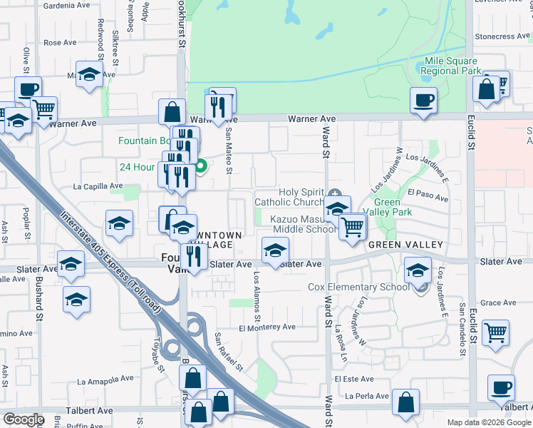 map of restaurants, bars, coffee shops, grocery stores, and more near 10271 Calle Independencia in Fountain Valley
