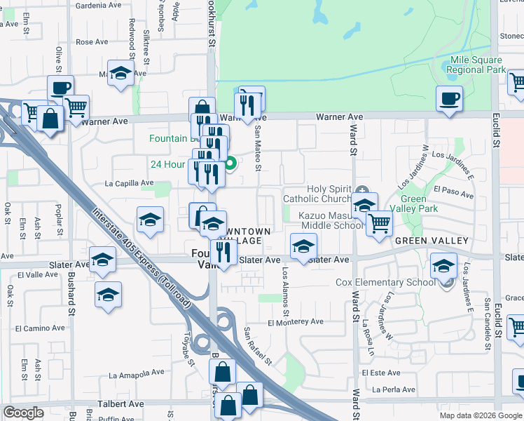 map of restaurants, bars, coffee shops, grocery stores, and more near 17371 San Luis Street in Fountain Valley