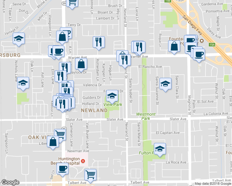 map of restaurants, bars, coffee shops, grocery stores, and more near 8362 Friesland Drive in Huntington Beach
