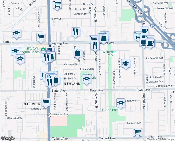 map of restaurants, bars, coffee shops, grocery stores, and more near 8362 Friesland Drive in Huntington Beach