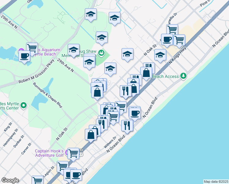 map of restaurants, bars, coffee shops, grocery stores, and more near 504 30th Avenue North in Myrtle Beach