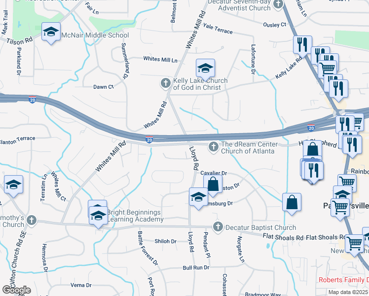 map of restaurants, bars, coffee shops, grocery stores, and more near 2626 Radvell Court in Decatur