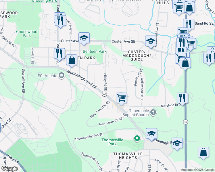 map of restaurants, bars, coffee shops, grocery stores, and more near 774 McDonough Boulevard Southeast in Atlanta