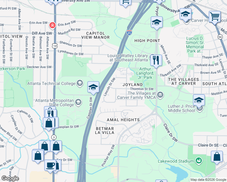 map of restaurants, bars, coffee shops, grocery stores, and more near 1678 Thornton Place Southwest in Atlanta