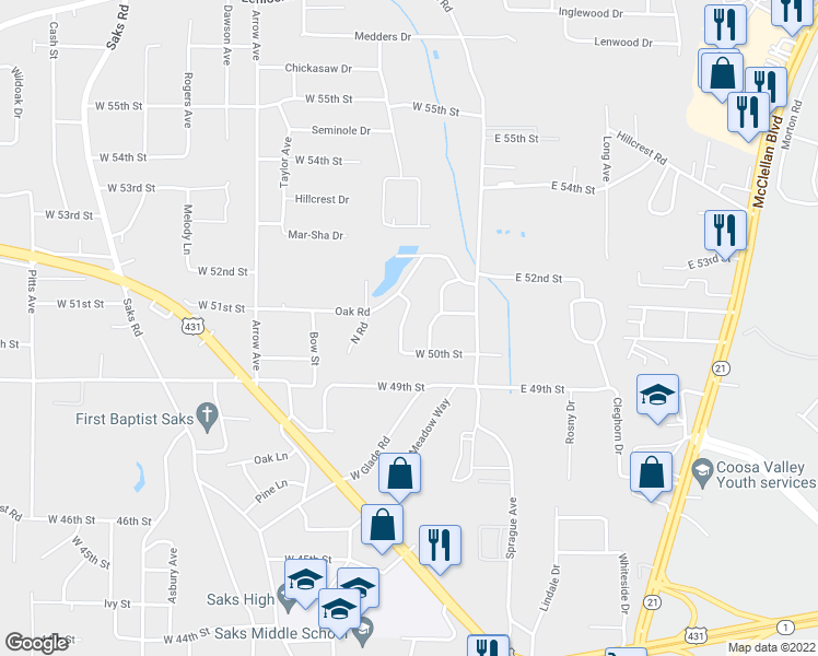 map of restaurants, bars, coffee shops, grocery stores, and more near 5013 Buggy Lane in Anniston