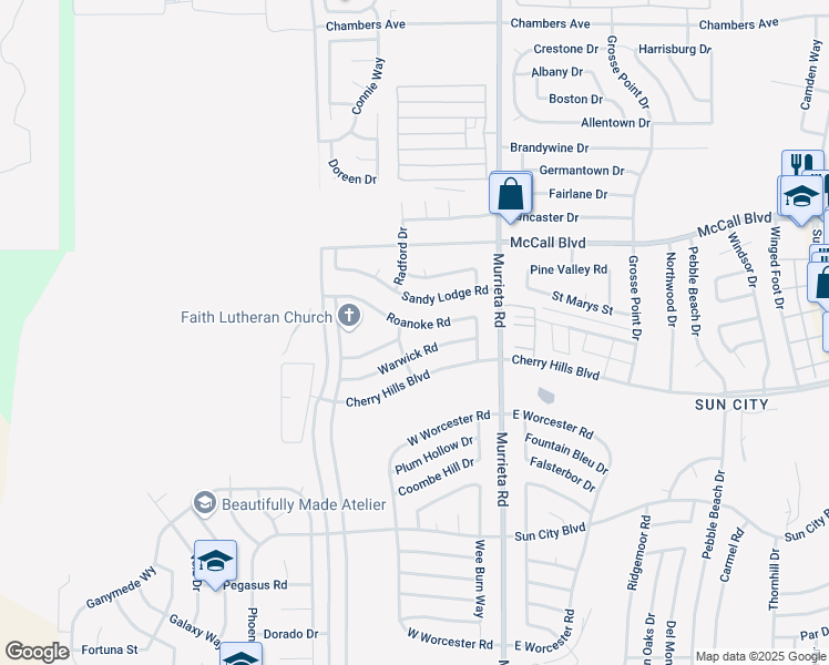 map of restaurants, bars, coffee shops, grocery stores, and more near 25801 Roanoke Road in Menifee