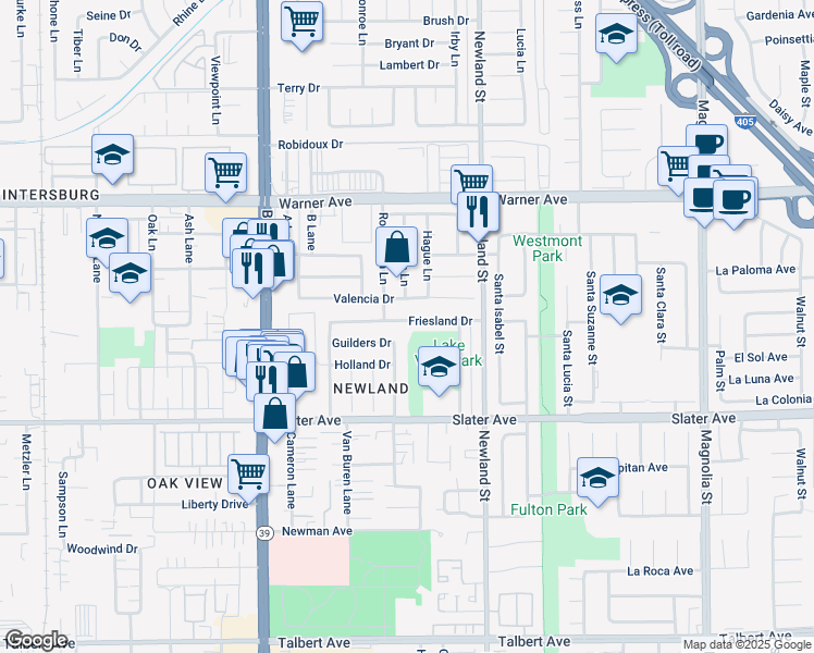 map of restaurants, bars, coffee shops, grocery stores, and more near 8312 Friesland Drive in Huntington Beach