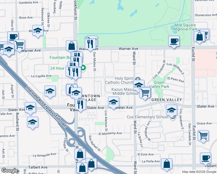 map of restaurants, bars, coffee shops, grocery stores, and more near 10262 Circulo De Juarez in Fountain Valley